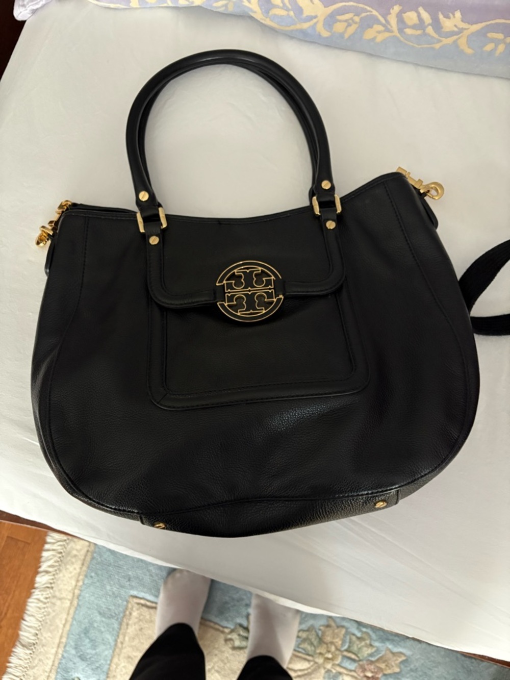 Tory Burch Black Leather Tote with Gold Logo Hardware